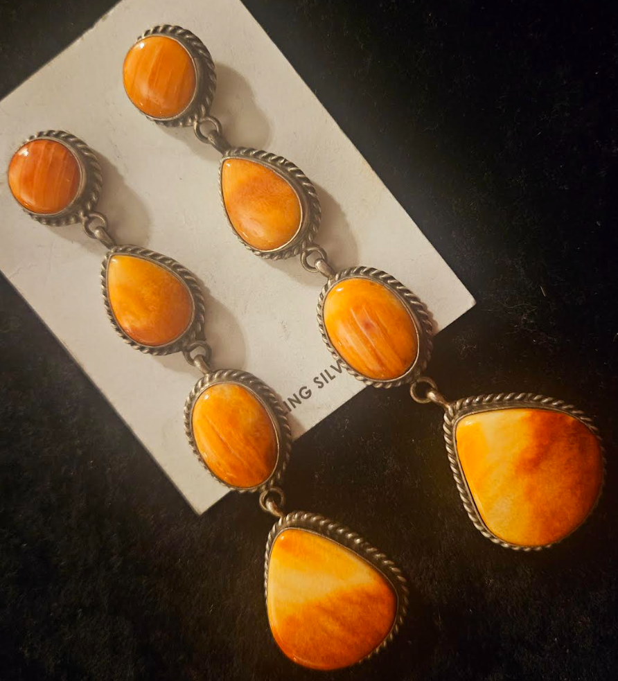 Elouise Kee Orange Spiny Oyster Navajo Chandelier Pierced Sterling Earrings, Native American Shell Shoulder Duster Earrings, Southwestern Style Jewelry