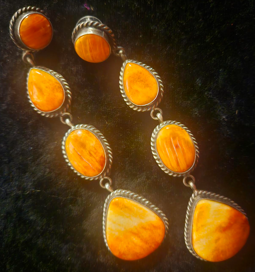 Elouise Kee Orange Spiny Oyster Navajo Chandelier Pierced Sterling Earrings, Native American Shell Shoulder Duster Earrings, Southwestern Style Jewelry