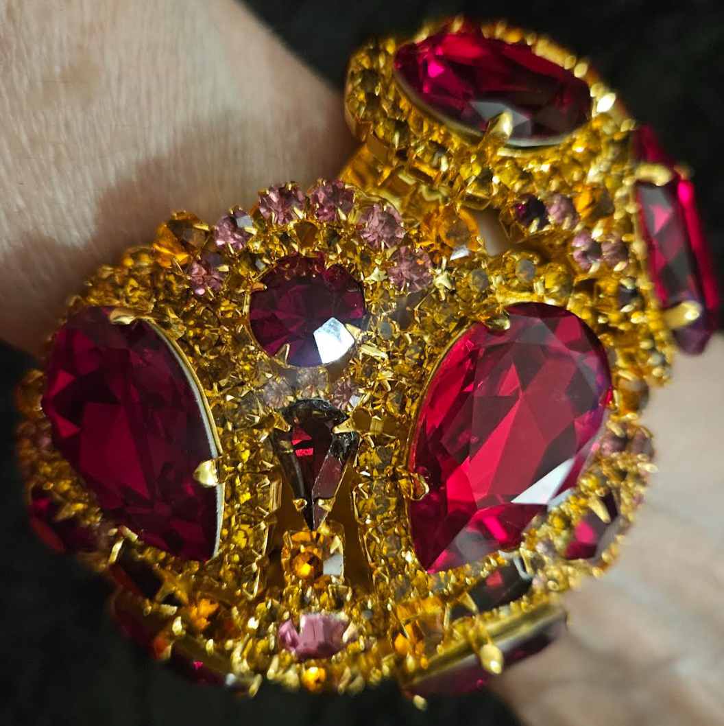 MOANS Haute Couture Red & Gold Rhinestone Met Gala Cuff with Detachable Rhinestone Tassel, Chris Crouch Luxury Theatrical Wrist Candy, Celebrity Stylist Bracelet