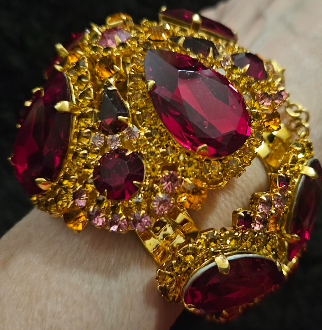 MOANS Haute Couture Red & Gold Rhinestone Met Gala Cuff with Detachable Rhinestone Tassel, Chris Crouch Luxury Theatrical Wrist Candy, Celebrity Stylist Bracelet