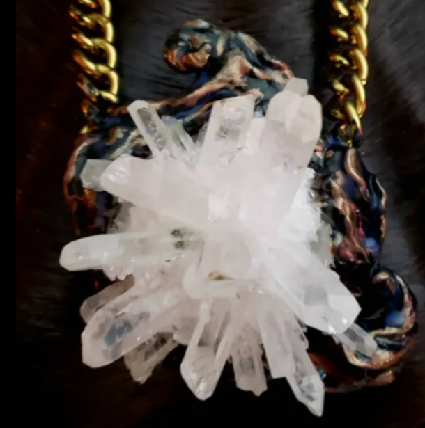 White Quartz Flower Cluster Sculpted Pendant Unisex, Spiky Crystal Gothic Baroque Amulet, Gemstone Showstopper Pagam Amulet Chest Piece