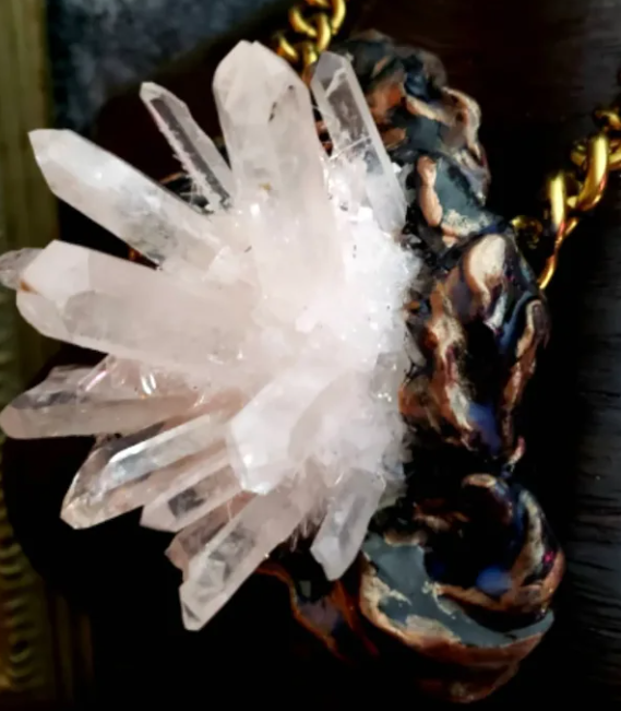 White Quartz Flower Cluster Sculpted Pendant Unisex, Spiky Crystal Gothic Baroque Amulet, Gemstone Showstopper Pagam Amulet Chest Piece