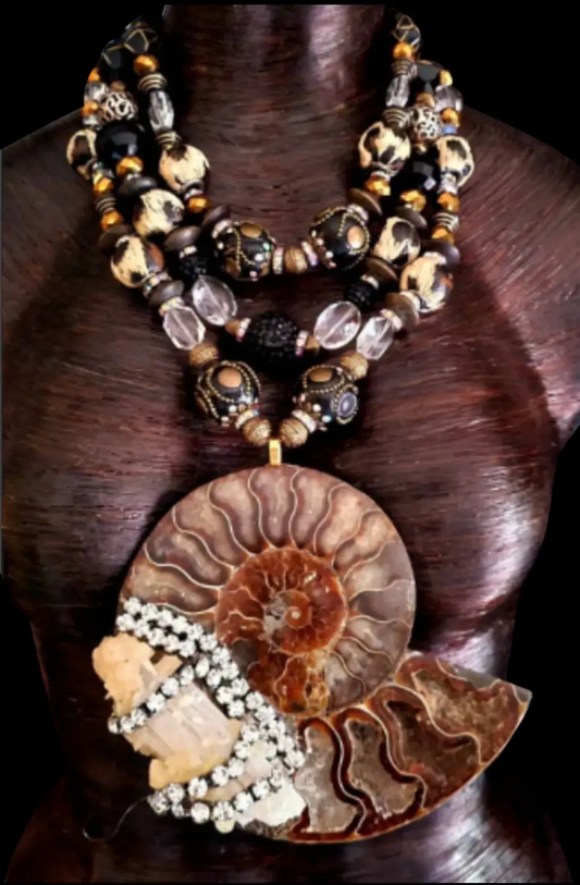 Ammonite Scolecite Quartz Chest Piece & Multi-Strand Beaded Necklace - Earth Tone Wearable Art Statement Pendant -  Kat Kouture Jewelry