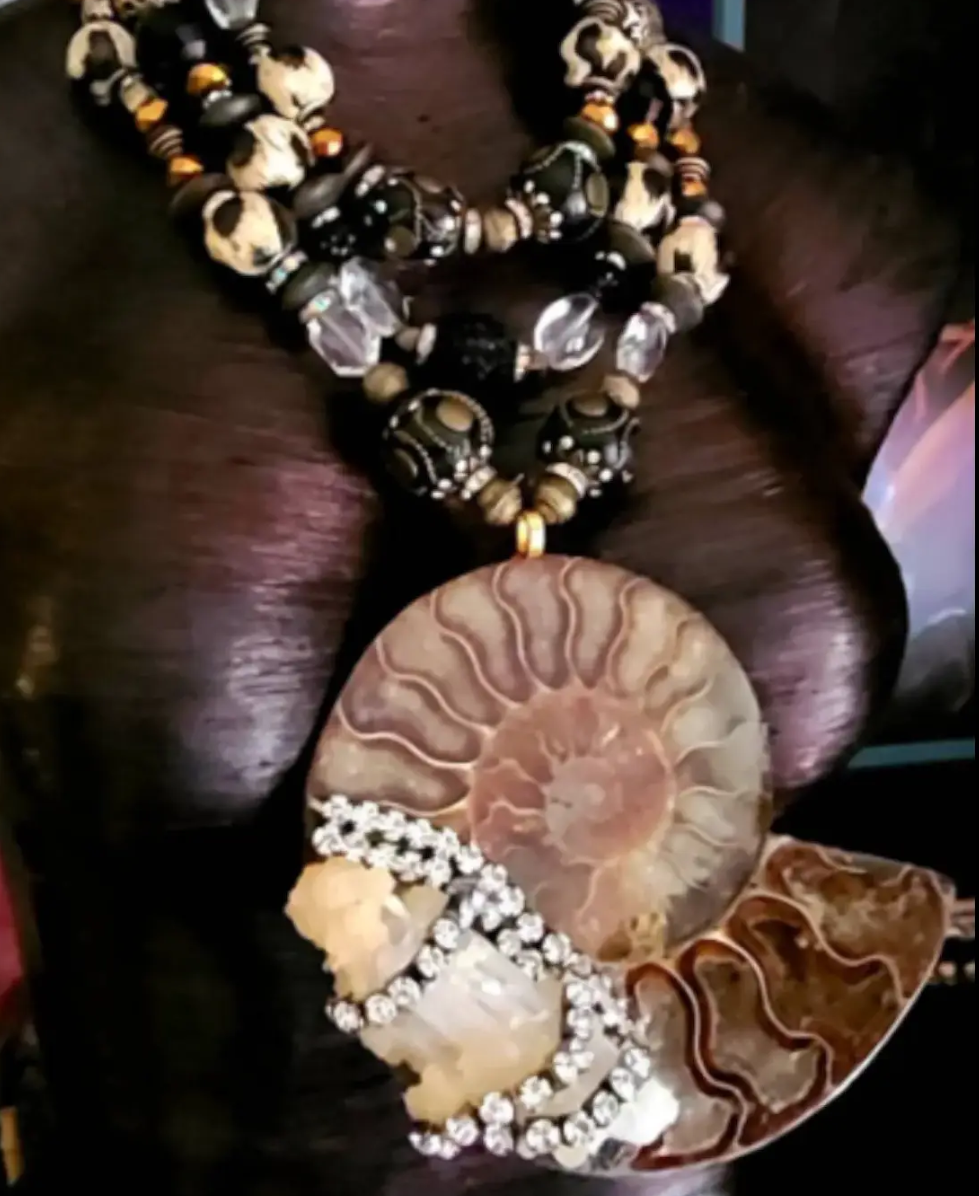 Ammonite Scolecite Quartz Chest Piece & Multi-Strand Beaded Necklace - Earth Tone Wearable Art Statement Pendant -  Kat Kouture Jewelry