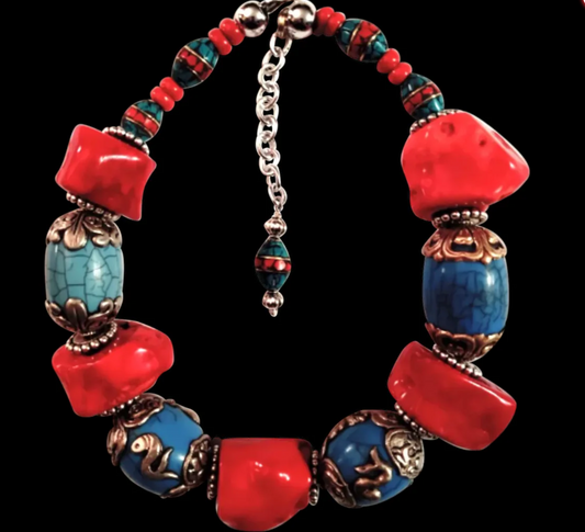 Chunky Red Coral & Tibetan Blue Resin Tribal Choker, Asian Inspired Bold and Chunky Statement Necklace