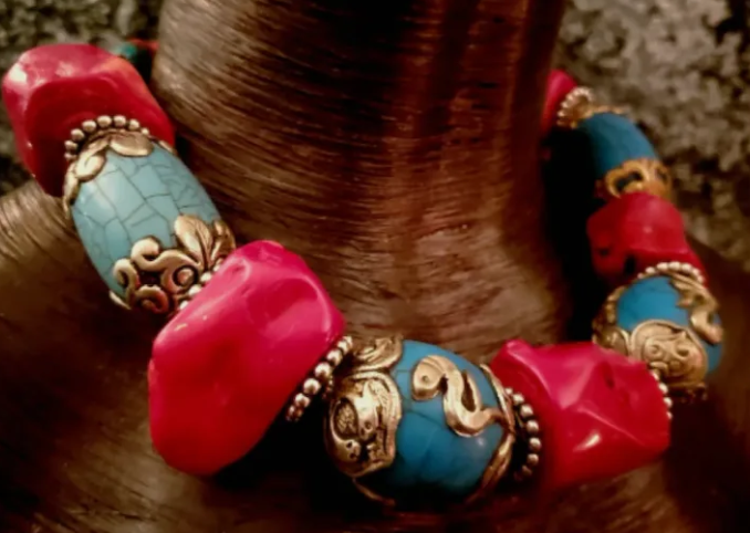 Chunky Red Coral & Tibetan Blue Resin Tribal Choker, Asian Inspired Bold and Chunky Statement Necklace