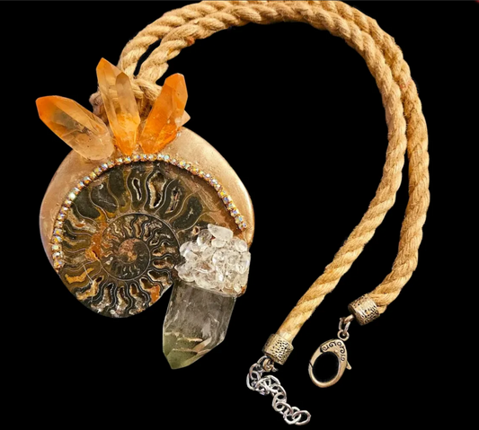 Ammonite Fossil & Crystal Hemp Rope Bohemian Pendant -  Prehistoric Shell Men's Talisman - Earthy OOAK Wearable Art - Kat Kouture Jewelry