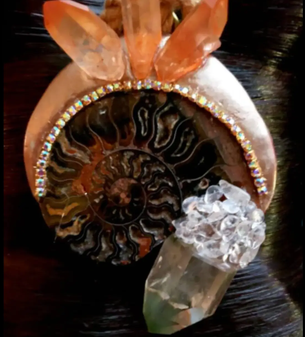 Ammonite Fossil & Crystal Hemp Rope Bohemian Pendant -  Prehistoric Shell Men's Talisman - Earthy OOAK Wearable Art - Kat Kouture Jewelry