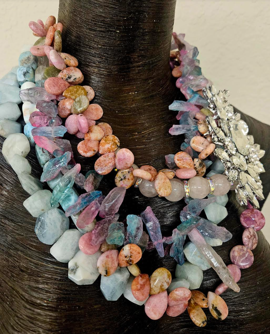 Pastel Gemstone Multi Strand Mother of the Bride Statement Necklace, Mixed Media Bespoke Artisan Chest Piece