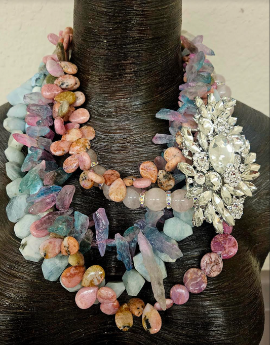 Pastel Gemstone Multi Strand Mother of the Bride Statement Necklace, Mixed Media Bespoke Artisan Chest Piece