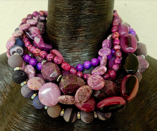 Purple & Pink Mixed Gemstone Multi Strand Statement Necklace, Runway Ready Accessory, Bold Socialite Neck Candy