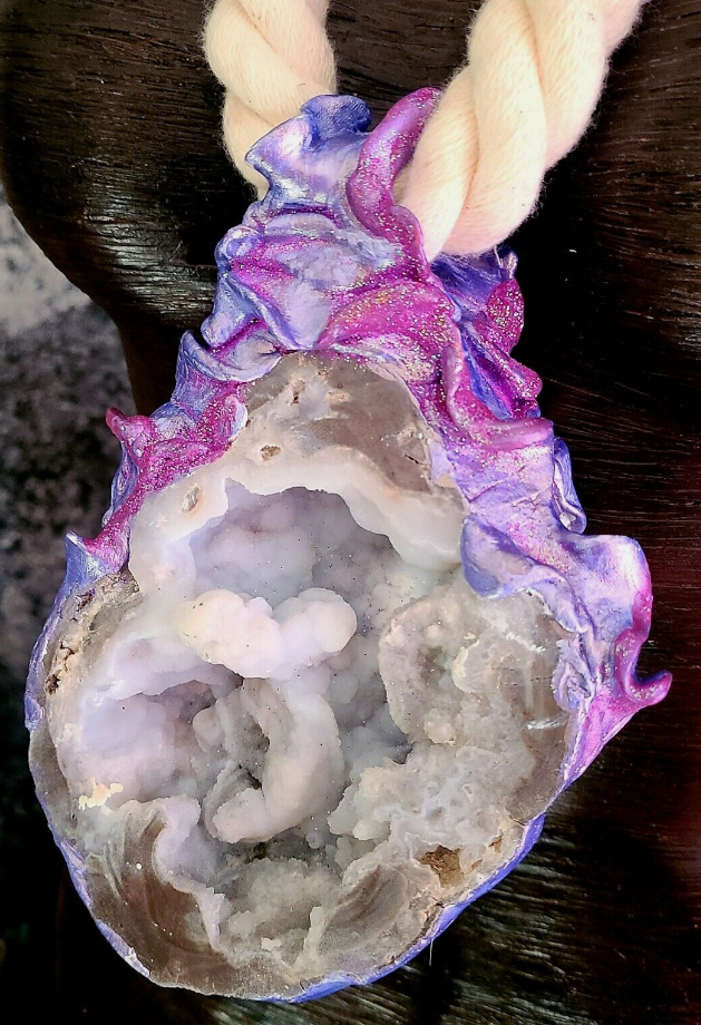 Massive Geode Sculpted Rope Talisman Unisex, Huge Silver Crystal Cave Gemstone Amulet