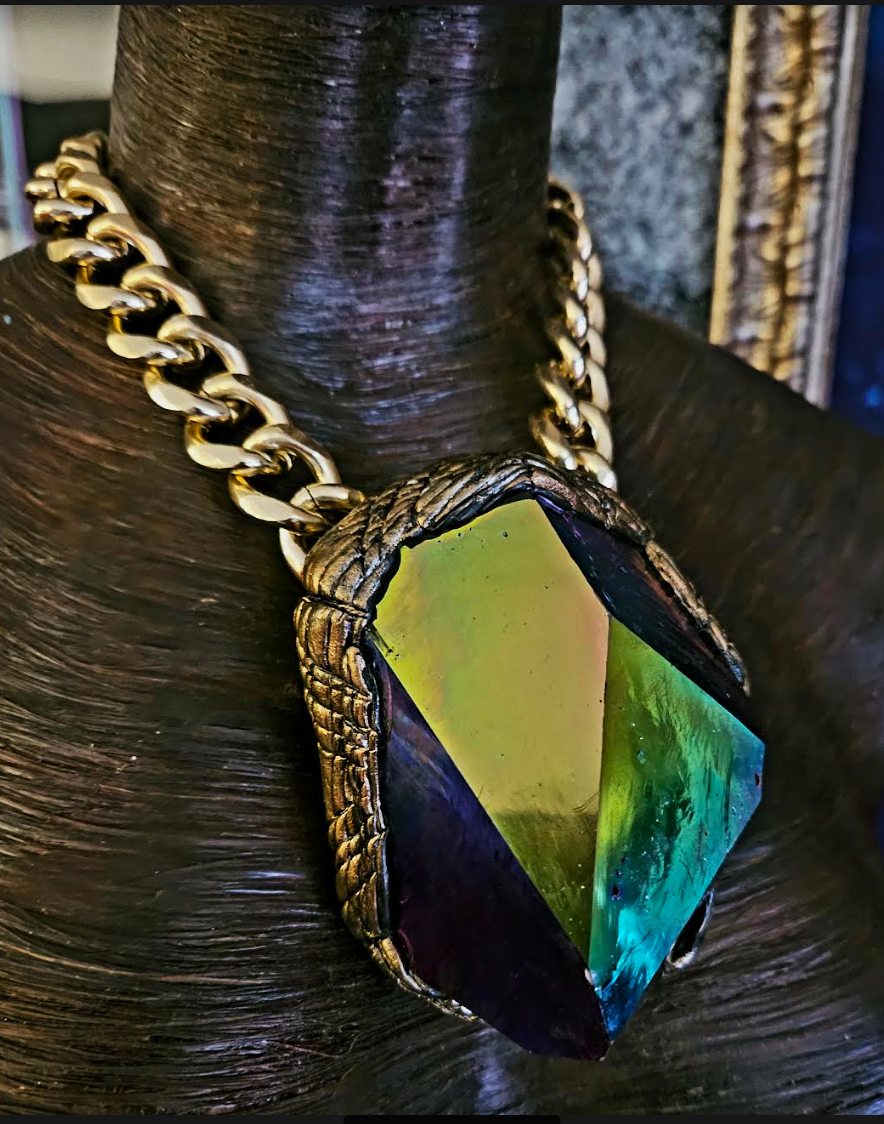 Faceted Titanium Quartz Nugget Power Channeling Statement Pendant, Rainbow Jewel Tone Luxury Crystal Chest Piece, Haute Couture Stone Breastplate