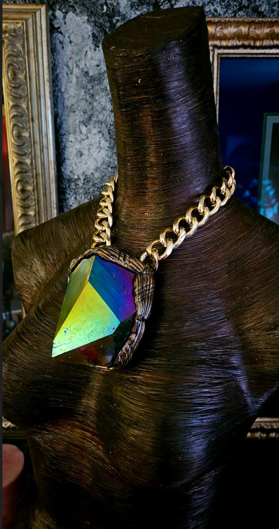 Faceted Titanium Quartz Nugget Power Channeling Statement Pendant, Rainbow Jewel Tone Luxury Crystal Chest Piece, Haute Couture Stone Breastplate