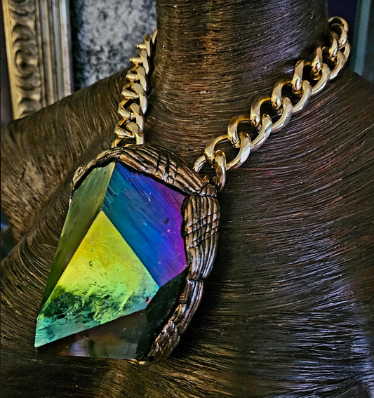 Faceted Titanium Quartz Nugget Power Channeling Statement Pendant, Rainbow Jewel Tone Luxury Crystal Chest Piece, Haute Couture Stone Breastplate