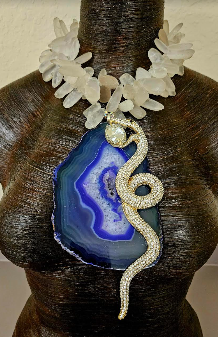 Purple Agate & Rhinestone Snake Statement Pendant with Frosted Quartz Necklace, Showstopper Purple and White Gemstone Chest Piece