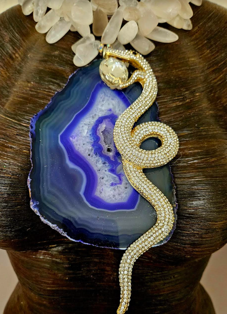 Purple Agate & Rhinestone Snake Statement Pendant with Frosted Quartz Necklace, Showstopper Purple and White Gemstone Chest Piece