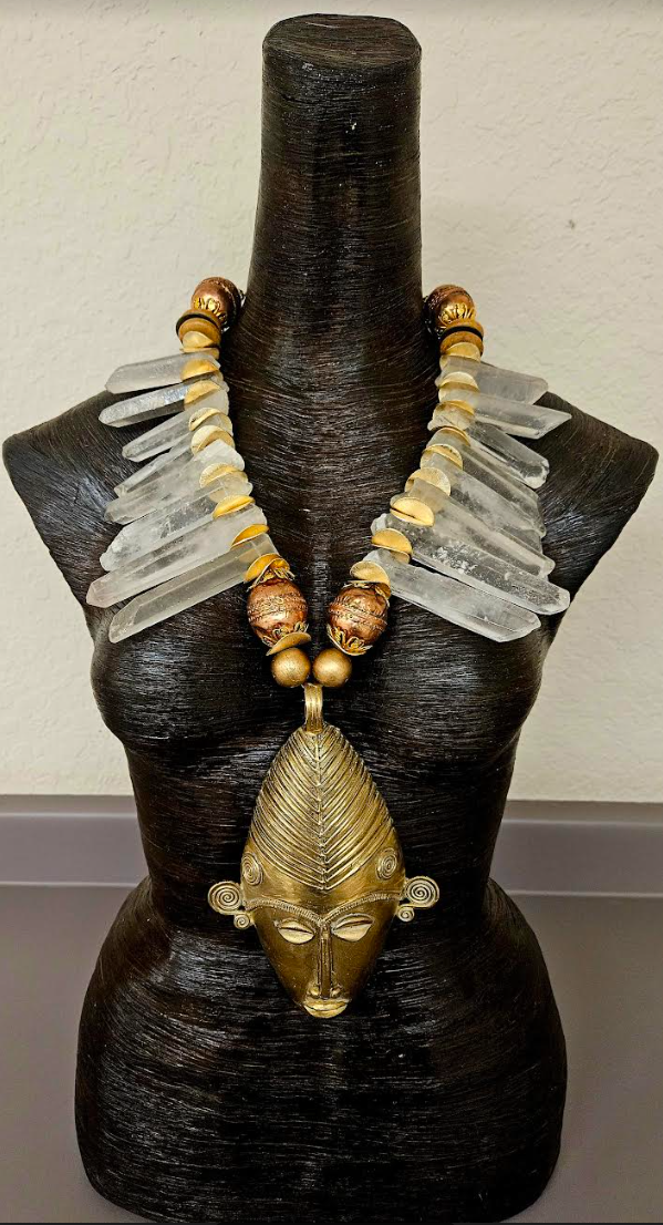 African Brass Lost Wax Mask & Branch Crystal Tribal Chest Piece - Haute Couture Ethnic Photoshoot Breast Plate - Kat Kouture Jewelry for Black Celebrities