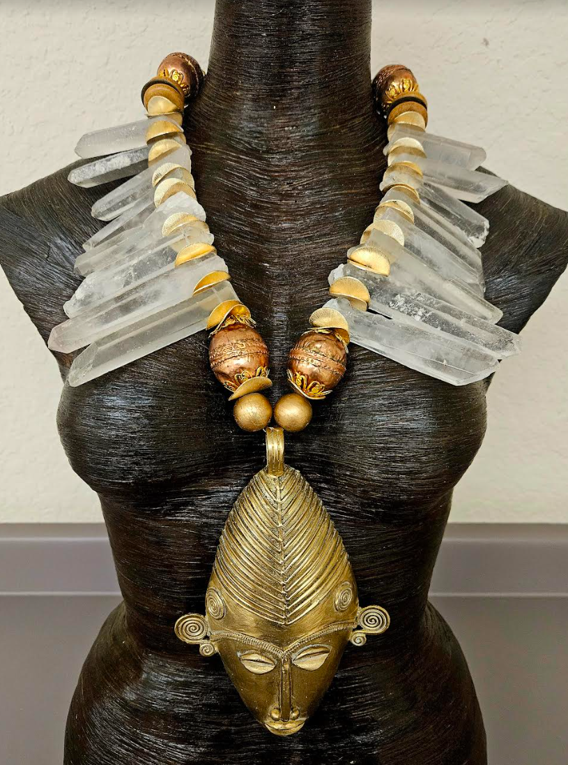 African Brass Lost Wax Mask & Branch Crystal Tribal Chest Piece - Haute Couture Ethnic Photoshoot Breast Plate - Kat Kouture Jewelry for Black Celebrities