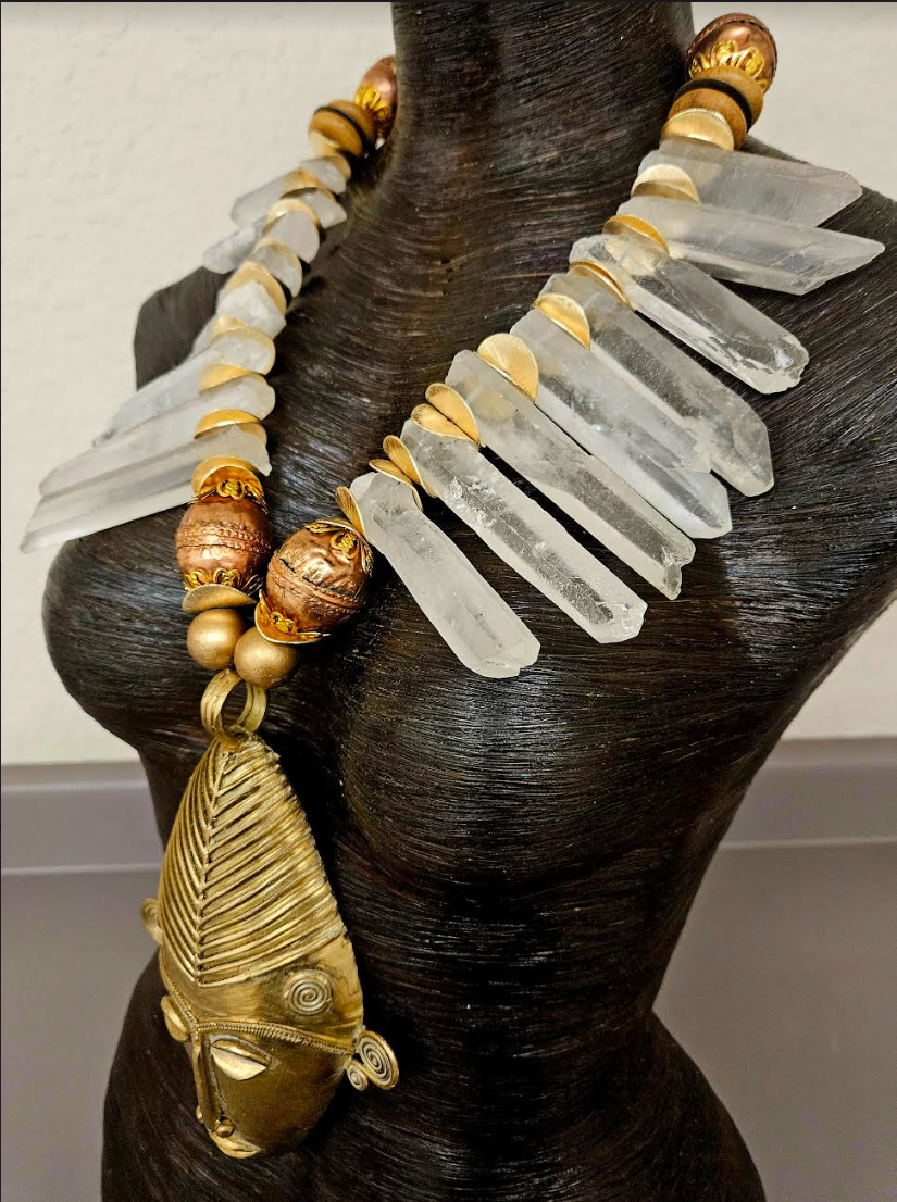 African Brass Lost Wax Mask & Branch Crystal Tribal Chest Piece - Haute Couture Ethnic Photoshoot Breast Plate - Kat Kouture Jewelry for Black Celebrities