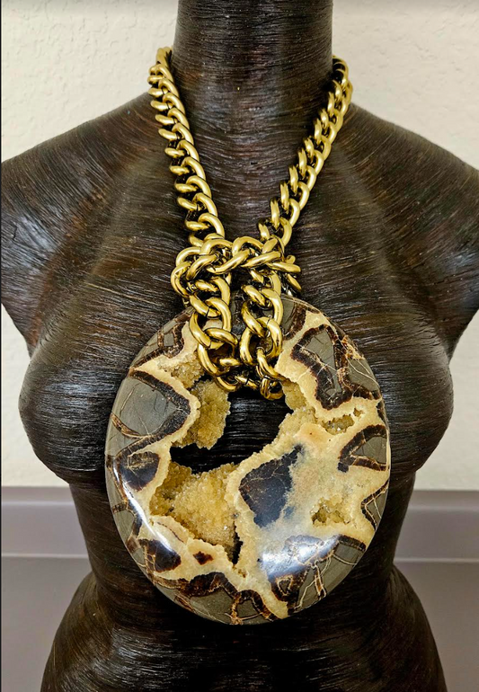 Septarian Geode Statement Pendant with Warm Brass Chain - Dragon's Egg Heavily Crystallized Unisex Talisman - Rare Earth Tone Gemstone Chest Piece - Kat Kouture Jewelry