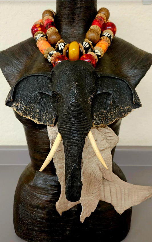 Massive Wood Elephant Beaded Chest Piece - OOAK Wearable Art Big Tall Men Tribal Statement Pendant - Photoshoot Breastplate - Kat Kouture Jewelry