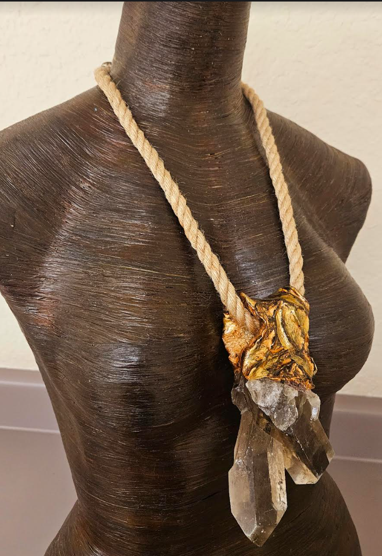 Gemmy Rough Smoky Citrine Sculpted Pendant With Jute Rope - Men's Sculpted Crystal Gemstone Talisman - Kat Kouture Jewelry - Gay Men Chest Piece