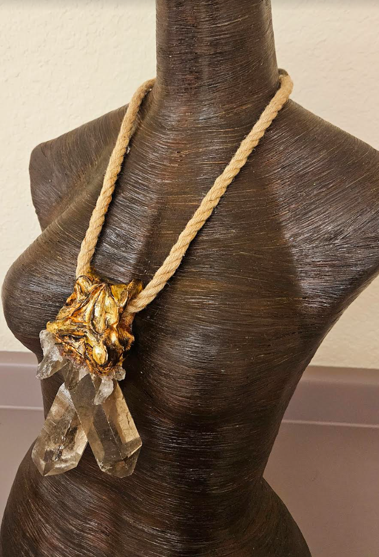 Gemmy Rough Smoky Citrine Sculpted Pendant With Jute Rope - Men's Sculpted Crystal Gemstone Talisman - Kat Kouture Jewelry - Gay Men Chest Piece