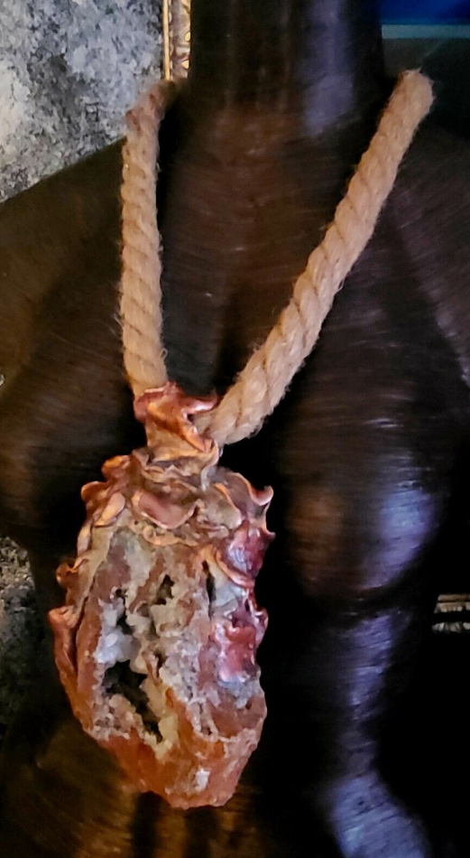 Rustic Crystal Geode & Jute Rope for Men - Sculpted Earthy Talisman for Unisex - Kat Kouture Jewelry Designs - Boho Couture Gemstone Amulet with Hemp Rope