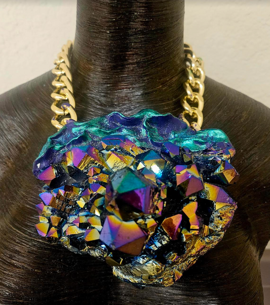 Huge Rough Rainbow Quartz Sculpted Chest Piece - Titanium Quartz Statement Pendant for Men - Kat Kouture Jewelry - Over the Top Jewel Tone Gemstone Amulet