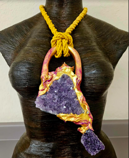 Double Amethyst Sculpted Avant Garde Statement Pendant - Baroque Sculpted Purple Crystal Gemstone Yellow Rope Talisman - Kat Kouture Jewelry Designs