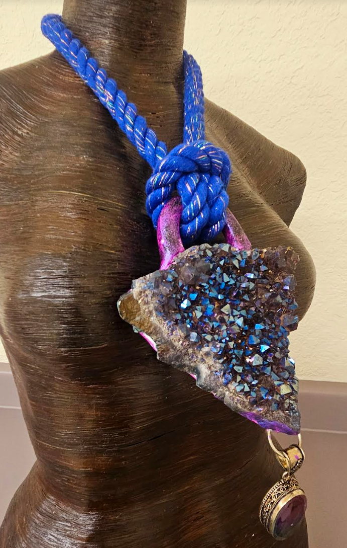 Titanium Aura Quartz Sculpted Statement Pendant with Mystic Topaz - Purple Blue Rough Gemstone Unisex Rope Talisman - Kat Kouture Jewelry Designs