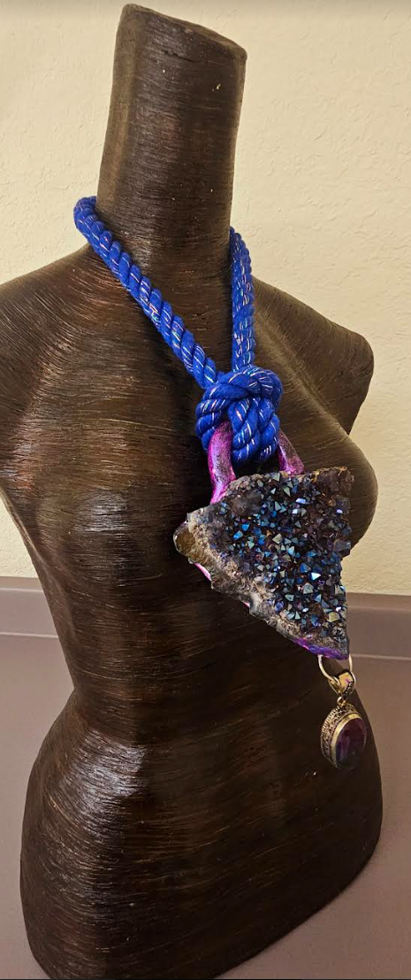 Titanium Aura Quartz Sculpted Statement Pendant with Mystic Topaz - Purple Blue Rough Gemstone Unisex Rope Talisman - Kat Kouture Jewelry Designs