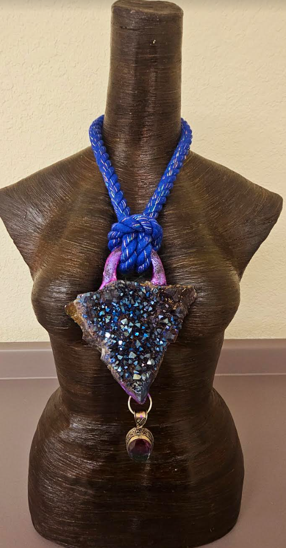 Titanium Aura Quartz Sculpted Statement Pendant with Mystic Topaz - Purple Blue Rough Gemstone Unisex Rope Talisman - Kat Kouture Jewelry Designs