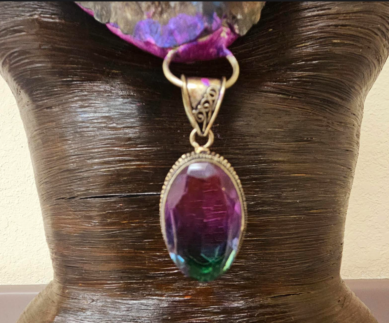 Titanium Aura Quartz Sculpted Statement Pendant with Mystic Topaz - Purple Blue Rough Gemstone Unisex Rope Talisman - Kat Kouture Jewelry Designs