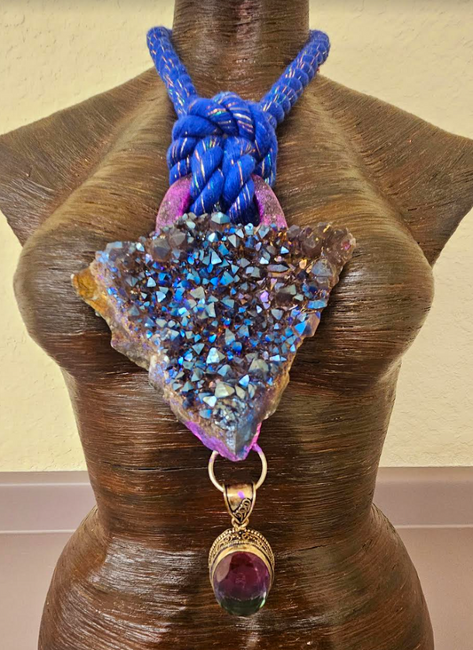 Titanium Aura Quartz Sculpted Statement Pendant with Mystic Topaz - Purple Blue Rough Gemstone Unisex Rope Talisman - Kat Kouture Jewelry Designs