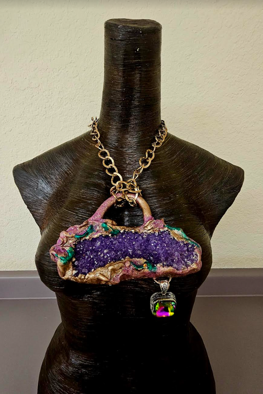 Mystic Topaz & Rough Amethyst Sculpted Pendant - Flashy Purple Crystal Chest Piece - Kat Kouture Jewelry Designs - Edgy Street Style Chest Piece