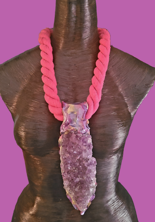 Rough Amethyst Sculpted Gemstone Pendant with Pink Rope  - Huge Purple Crystal Unisex Talisman - Kat Kouture Jewelry