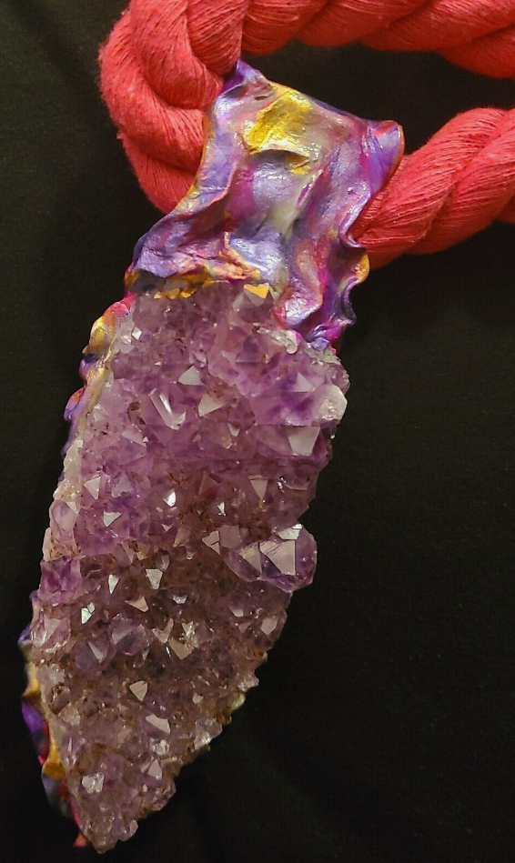 Rough Amethyst Sculpted Gemstone Pendant with Pink Rope  - Huge Purple Crystal Unisex Talisman - Kat Kouture Jewelry