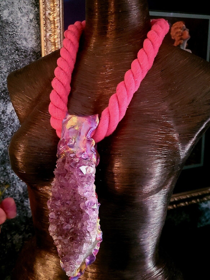 Rough Amethyst Sculpted Gemstone Pendant with Pink Rope  - Huge Purple Crystal Unisex Talisman - Kat Kouture Jewelry