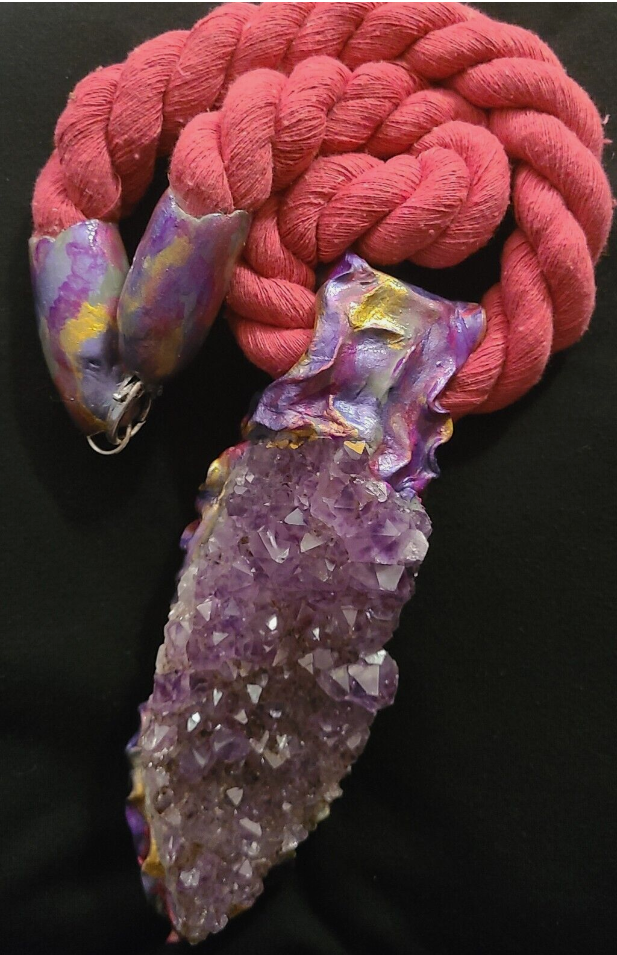 Rough Amethyst Sculpted Gemstone Pendant with Pink Rope  - Huge Purple Crystal Unisex Talisman - Kat Kouture Jewelry