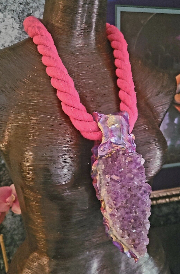 Rough Amethyst Sculpted Gemstone Pendant with Pink Rope  - Huge Purple Crystal Unisex Talisman - Kat Kouture Jewelry