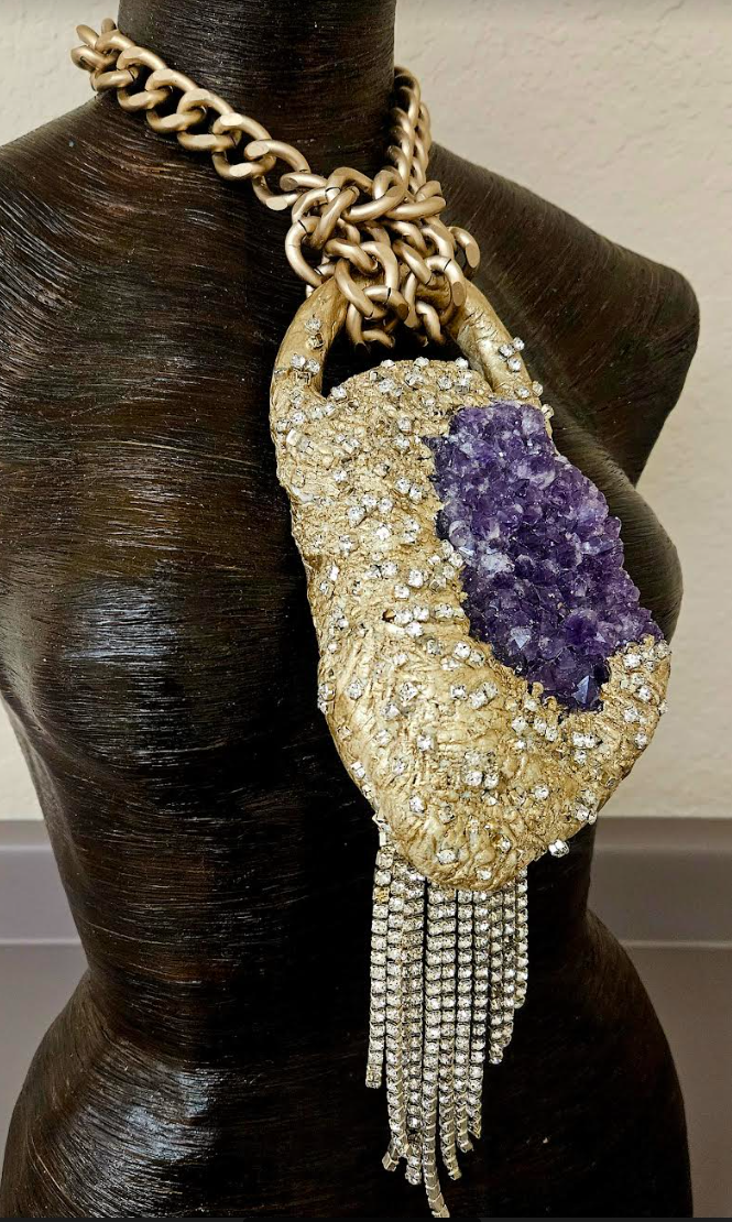 Modern Art Deco Rough Amethyst & Rhinestone Sculpted Pendant - Flapper Inspired Purple Crystal Gemstone Amulet - Kat Kouture Jewelry