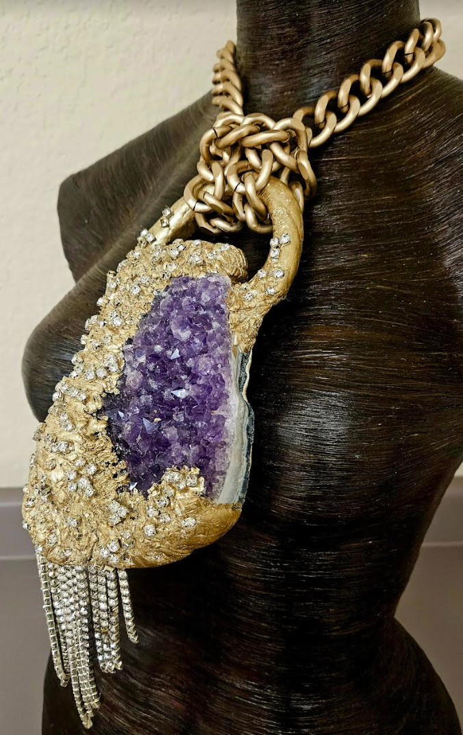 Modern Art Deco Rough Amethyst & Rhinestone Sculpted Pendant - Flapper Inspired Purple Crystal Gemstone Amulet - Kat Kouture Jewelry