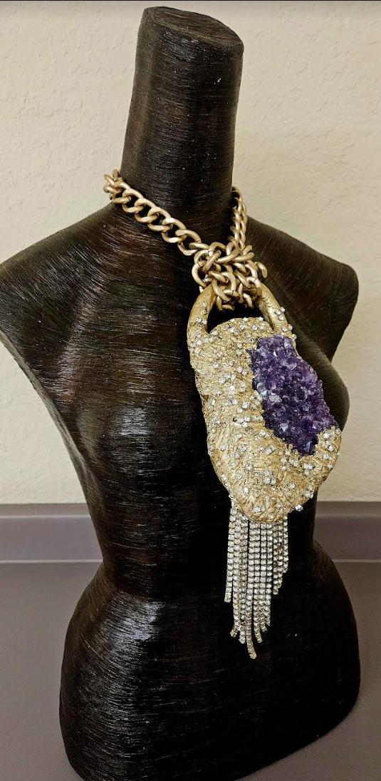 Modern Art Deco Rough Amethyst & Rhinestone Sculpted Pendant - Flapper Inspired Purple Crystal Gemstone Amulet - Kat Kouture Jewelry