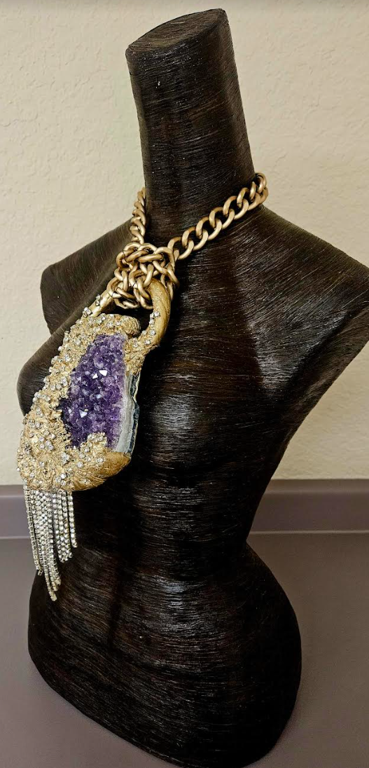 Modern Art Deco Rough Amethyst & Rhinestone Sculpted Pendant - Flapper Inspired Purple Crystal Gemstone Amulet - Kat Kouture Jewelry