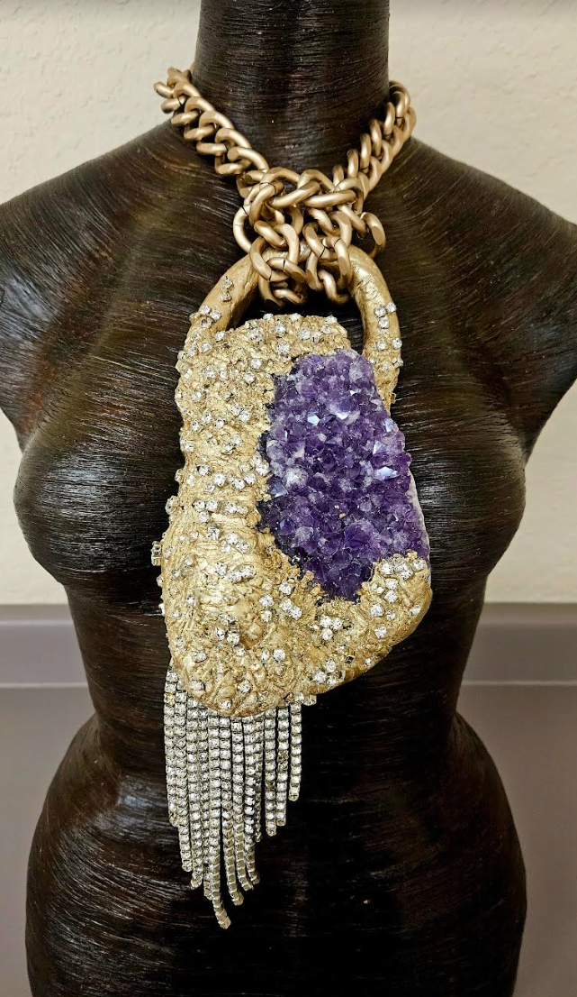 Modern Art Deco Rough Amethyst & Rhinestone Sculpted Pendant - Flapper Inspired Purple Crystal Gemstone Amulet - Kat Kouture Jewelry