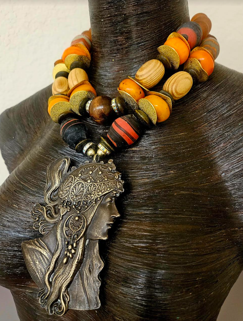 Mucha Warrior Goddess Statement Pendant with Autumn Beaded Necklace - Art Nouveau Oversized Beaded Statement Necklace - Women of Color Neck Candy -  Kat Kouture Jewelry