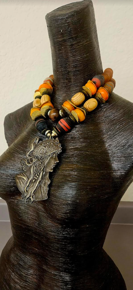 Mucha Warrior Goddess Statement Pendant with Autumn Beaded Necklace - Art Nouveau Oversized Beaded Statement Necklace - Women of Color Neck Candy -  Kat Kouture Jewelry