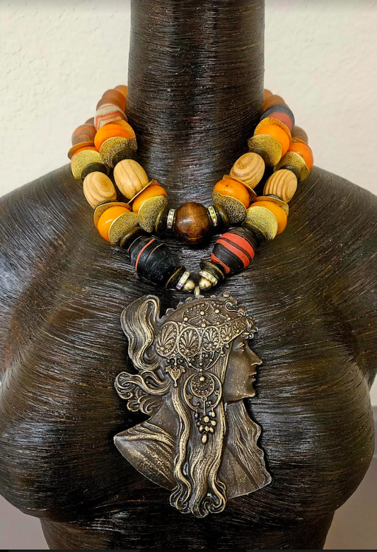 Mucha Warrior Goddess Statement Pendant with Autumn Beaded Necklace - Art Nouveau Oversized Beaded Statement Necklace - Women of Color Neck Candy -  Kat Kouture Jewelry